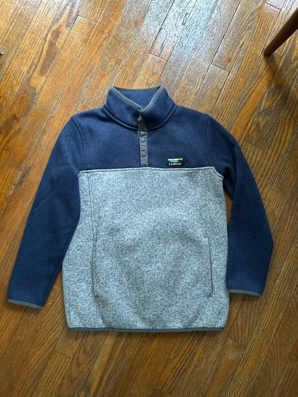 LL Bean Kids Sweater Fleece Snap Pullover Gray & Navy / Cozy Quarter Snap